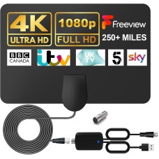 TV Aerial, Digital TV Aerial Indoor 250+ Miles Long Range Reception for Freeview TV Support 4K 1080P HDTV with Booster & 13 ft Coax Cable (black-01)