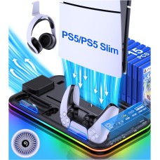HEYLICOOL PS5 Cooling Stand for PlayStation 5 Slim/Disc/Digital with RGB Light,PS5 Accessories Dual Controller Charger Station with 3 Levels Cooling Fan, Headset Holder,15 Game Slots HEYLICOOL PS5 Cooling Stand for PlayStation 5 Slim/Disc/Digital with RGB Light,PS5 Accessories Dual Controller Charger Station with 3 Levels Cooling Fan, Headset Holder,15 Game Slots