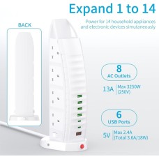 Tower Extension Lead with USB Extension Cord 8 Way Outlets 6 USB Ports 3.6A Multi Plug Extension Socket 2M Cable with Switches, Vertical Power Strip Tower Extension Lead with USB Extension Cord 8 Way Outlets 6 USB Ports 3.6A Multi Plug Extension Socket 2M Cable with Switches, Vertical Power Strip