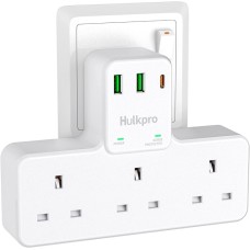 3 Way Plug Adaptor with USB, Multi Plugs Extension Adapter 3 Way 3 USB (1 Type C), Surge Protected Extension Plug, Hulkpro 13A Fused UK Power Extender 3250W for Home, Office, Kitchen